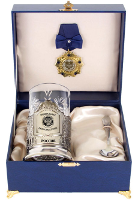 Набор для чая "ФНС" (3 предмета) в подарочном коробе с медалью "За трудолюбие и талант" (с никелированием)