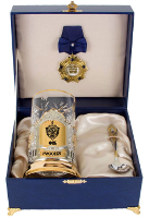 Набор для чая "ФСБ" (никелирование, золочение) в подарочном коробе с орденом "За мужество и защиту"